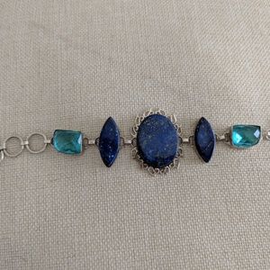 Bracelet, turquoise and blue and silver, 7.5 inch